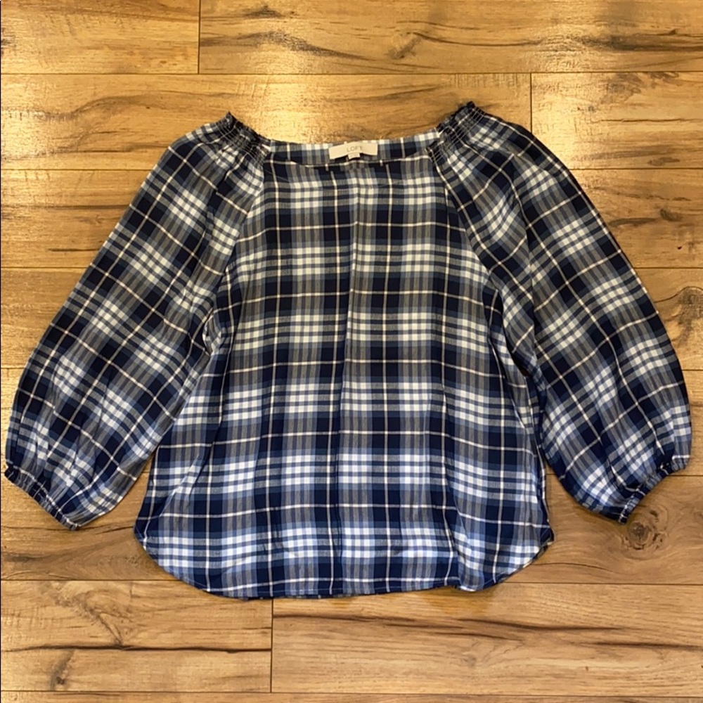 Loft Blue Gingham 3/4 Length Blouse